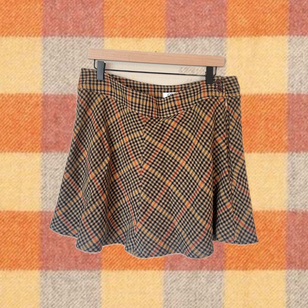 Vintage Wool Plaid Mini Skirt - Orange Yellow Brown Black